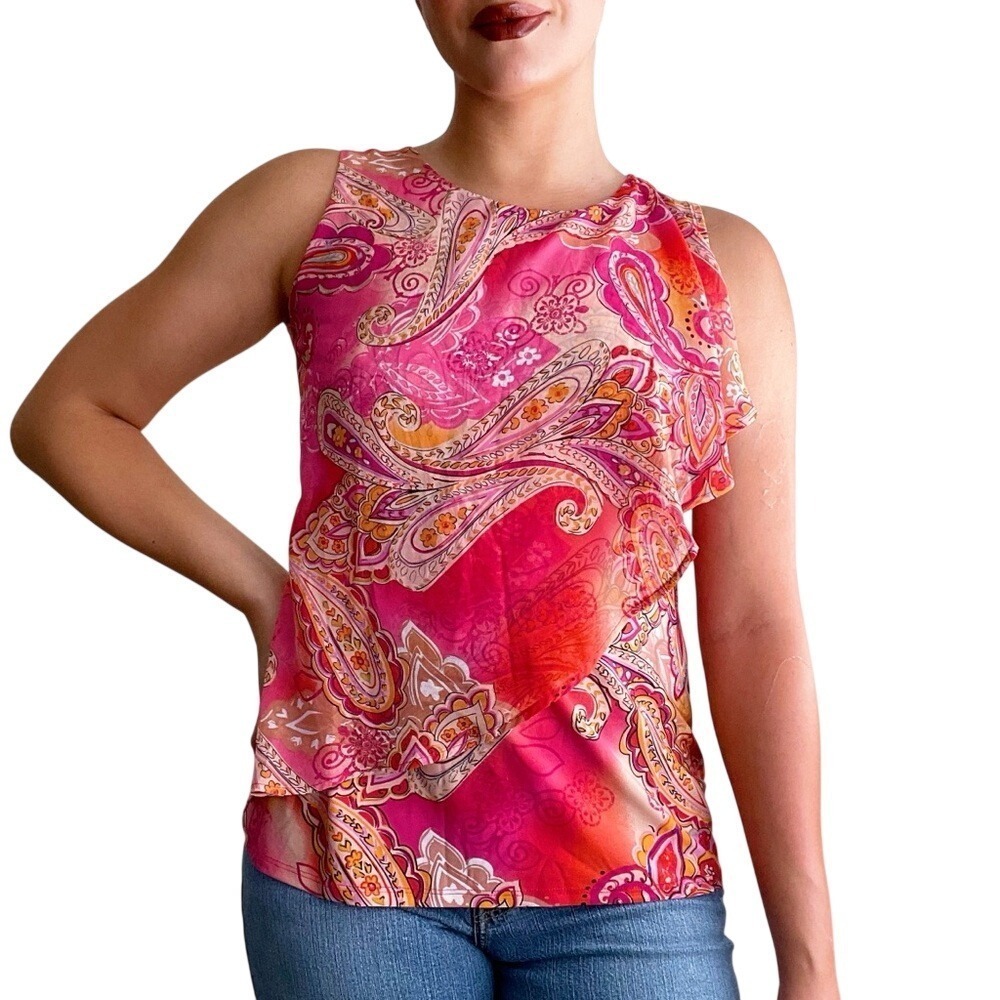 Y2K Whimsy Boho Bright Pink Paisley Floral Sheer Layered Ruffle Tank Top